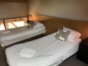two twin beds in a hotel room with at Gîte La Huzarde: Havre de paix en nature, Allier - FR-1-489-599 in La Faye