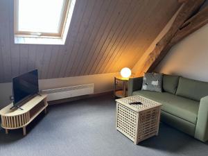 a living room with a couch and a tv at Gîte La Huzarde: Havre de paix en nature, Allier - FR-1-489-599 in La Faye