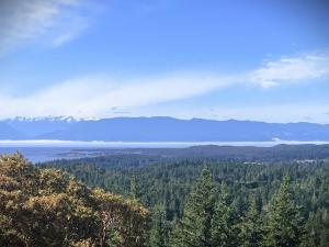 a view of a lake and mountains with trees at Cedar & Sage Suite, Cozy Kitchen Comfort in Victoria