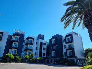 a row of apartment buildings with a palm tree at Port Avenue Jeju in Seogwipo