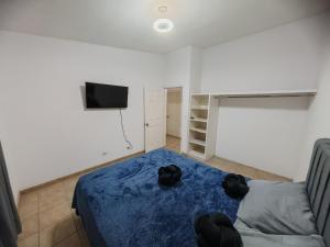 a bedroom with a bed with a blue blanket and a television at Comfortable 3 bedroom house in Ensenada