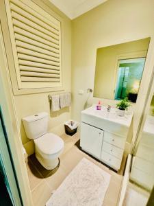 a bathroom with a toilet and a sink and a mirror at Entire 4 Bed Rooms Sanctuary in West Hoxton +34 photos