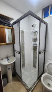 a bathroom with a shower and a sink and a toilet at Cabaña brisa de mar in San Silvestre