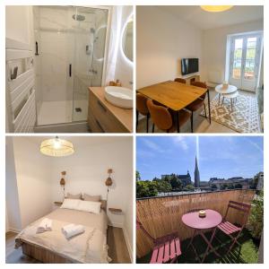 un collage de photos d'une chambre et d'une salle de bains dans l'établissement Le Terra Redon - T2 tout équipé avec balcon, local vélo et gare à 6 minutes à pied, à Redon