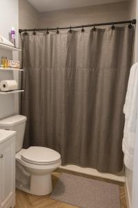 リーハイ・エイカーズにあるIntimate Guesthouse with Private Entranceのトイレとシャワーカーテン付きのバスルーム +8枚の写真