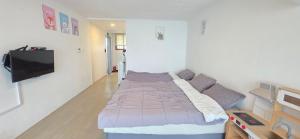 une chambre avec un lit et une télévision à écran plat dans l'établissement 제주다움 힐링펜션, à Kŭmnŭng-ni