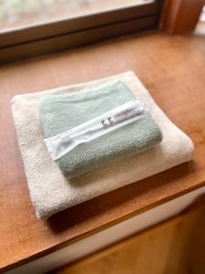 a towel sitting on a window sill with a toothbrush at 民泊Nao in Minami Alps +22 photos