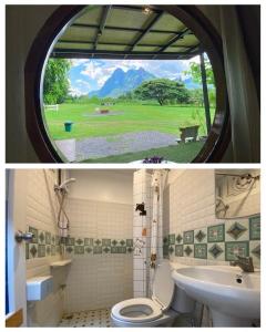 a bathroom with a sink and a toilet and a window at ไร่วิวทิวเขา ลานกางเต็นท์ ฟาร์มสเตย์ in Ban Nong Tum