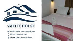 a hotel room with a bed and a picture of a house at Amelie House in Luang Prabang