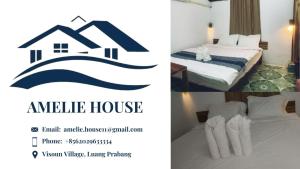 a hotel room with a bed and a picture of a house at Amelie House in Luang Prabang