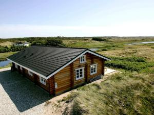 a small log cabin with a black roof at 10 person holiday home in Frøstrup-By Traum in Frøstrup