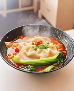 a bowl of soup with dumplings and vegetables at Futinger High-altitude River View Hotel in Chongqing +57 photos