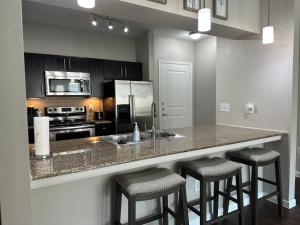 ヒューストンにあるTrendy, upscale apartment!のキッチン(バースツールとシンク付きのカウンター付)