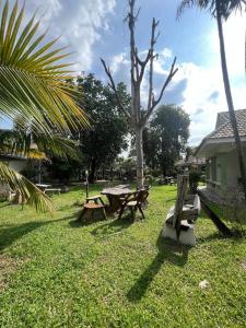 un parc avec des tables de pique-nique et un palmier dans l'établissement Saraburi Garden Resort, à Ban Kluai