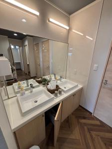 a bathroom with a sink and a large mirror at Yasuragi-KAWAGOE 2F in Kawagoe +34 photos