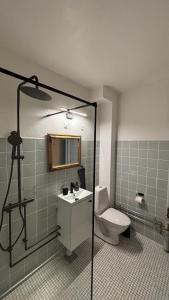 a bathroom with a toilet and a sink and a shower at Charming studio apartment in the heart of Nørrebro, Copenhagen in Copenhagen +10 photos