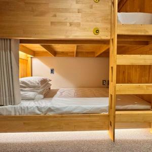 two bunk beds in a room with wooden walls at Bluedot Poshtel in Seoul