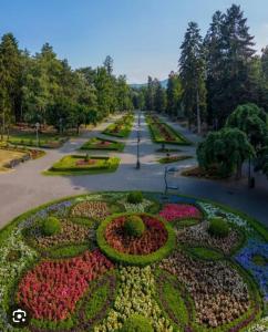 a circular garden with flowers in a park at Apolon Spa in Vrnjačka Banja
