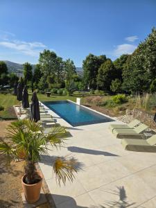 a swimming pool with chairs and umbrellas in a yard at Les Chambres d'Hôtes du Château Eclosion in Saint-Paul-en-Jarez +7 photos