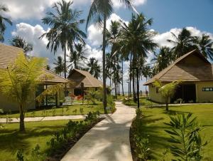 una pasarela frente a una casa con palmeras en Apartamento Carneiros Beach Resort en Tamandaré