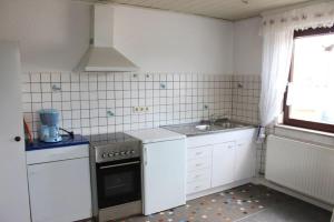 une petite cuisine avec un évier et une cuisinière dans l'établissement Ferienwohnung Haus Michel, 90 Qm, à Uhldingen-Mühlhofen