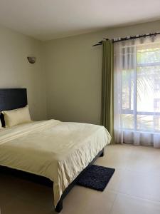 カンパラにあるHanik Homestay 3BDRMのベッドと大きな窓のある寝室