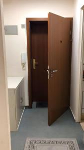 a brown door in a room with a sink at Skipper am Steinhuder Meer in Steinhude