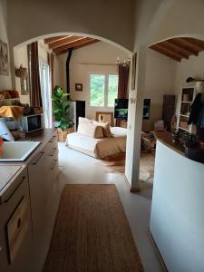 a kitchen and living room with a bed in a room at Briciole di Pietra B&B in Dolceacqua