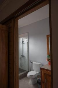 a bathroom with a toilet and a shower in it at Teala Villa in Mantaak