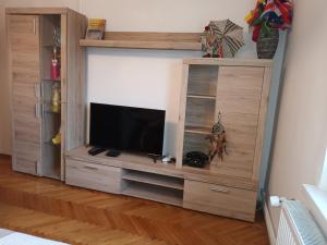 a wooden entertainment center with a flat screen tv at Apartment Carmen in Brezje