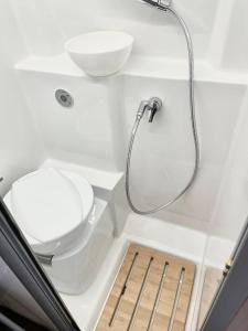 a small bathroom with a toilet and a shower at Ubytování v obytném voze 