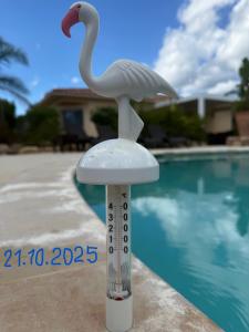 a thermometer with a flamingo on it next to a pool at L'Hacienda Piscine chauffée à 28, spa, boulodrome et court de Tennis privés, 2 villas indépendantes in Porto-Vecchio