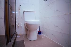 a bathroom with a toilet and a shower at Blue check homes in Ikeja