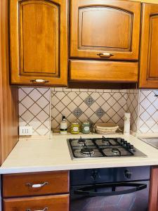 a kitchen with a stove and wooden cabinets at Torre Verde Acquapendente in Acquapendente
