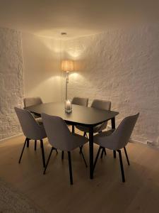 een eettafel met stoelen en een lamp bij Tranquility near everything - Majorstua in Oslo