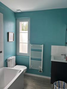 a blue bathroom with a toilet and a sink at La Terasse de Tours in Tours