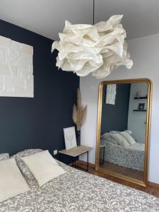 Un dormitorio con una cama y un espejo grande. en Luminosa T2 lumineux proche Airbus parking, en Tournefeuille