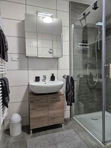 Un baño con lavabo y ducha en Ferienwohnung Palidi, en Ausserwald