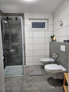 Un baño con ducha, inodoro y lavabo. en Ferienwohnung Palidi, en Ausserwald 25 fotos más