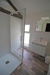 a bathroom with a shower and a sink and a mirror at Gîte Les Champs N°4 in Saint-Mathieu