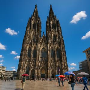 Menschen mit Regenschirmen gehen vor einer Kathedrale spazieren in der Unterkunft Köln Frechen 44 in Frechen + 6 Fotos