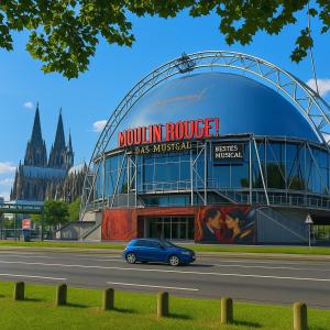 einem blauen Auto, das vor einem Gebäude fährt in der Unterkunft Köln Frechen 44 in Frechen