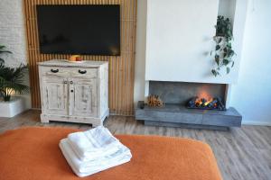 a living room with a fireplace and a flat screen tv at Apartment mitten in Rosenheim in Rosenheim