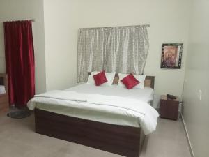 ブバネーシュワルにあるAshok Nandini Guest Houseのベッドルーム1室(赤い枕のベッド1台、窓付)