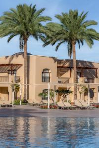 two palm trees in front of a building with a pool at JAZ Lamaya Resort in Coraya Bay +31 photos