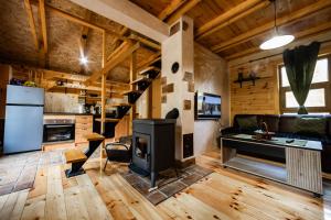 Una sala de estar con chimenea en una cabaña de troncos en House 28 Brezna, en Plužine