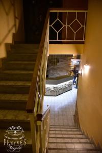 a stairway leading to a room with a fireplace at Fenyves fogadó in Ásotthalom