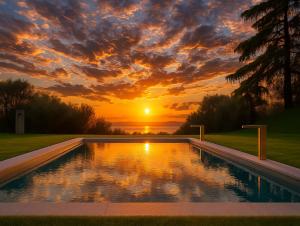 a swimming pool with a sunset in the background at Relais Forte Benedek Wine & SPA - Adults Only in Pastrengo