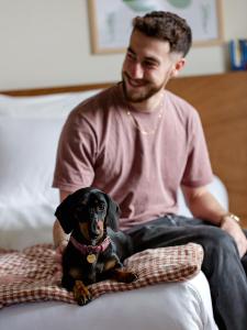 a man sitting on a bed with a dog on a pillow at ALFRED HOTELS Compiègne in Compiègne