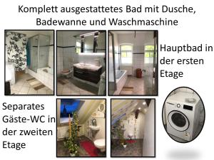 un collage de cuatro fotos de un baño en Marktresidenz Eisenach- Stilvolle Maisonette mit 3 Zimmern und 2 Bädern, en Eisenach